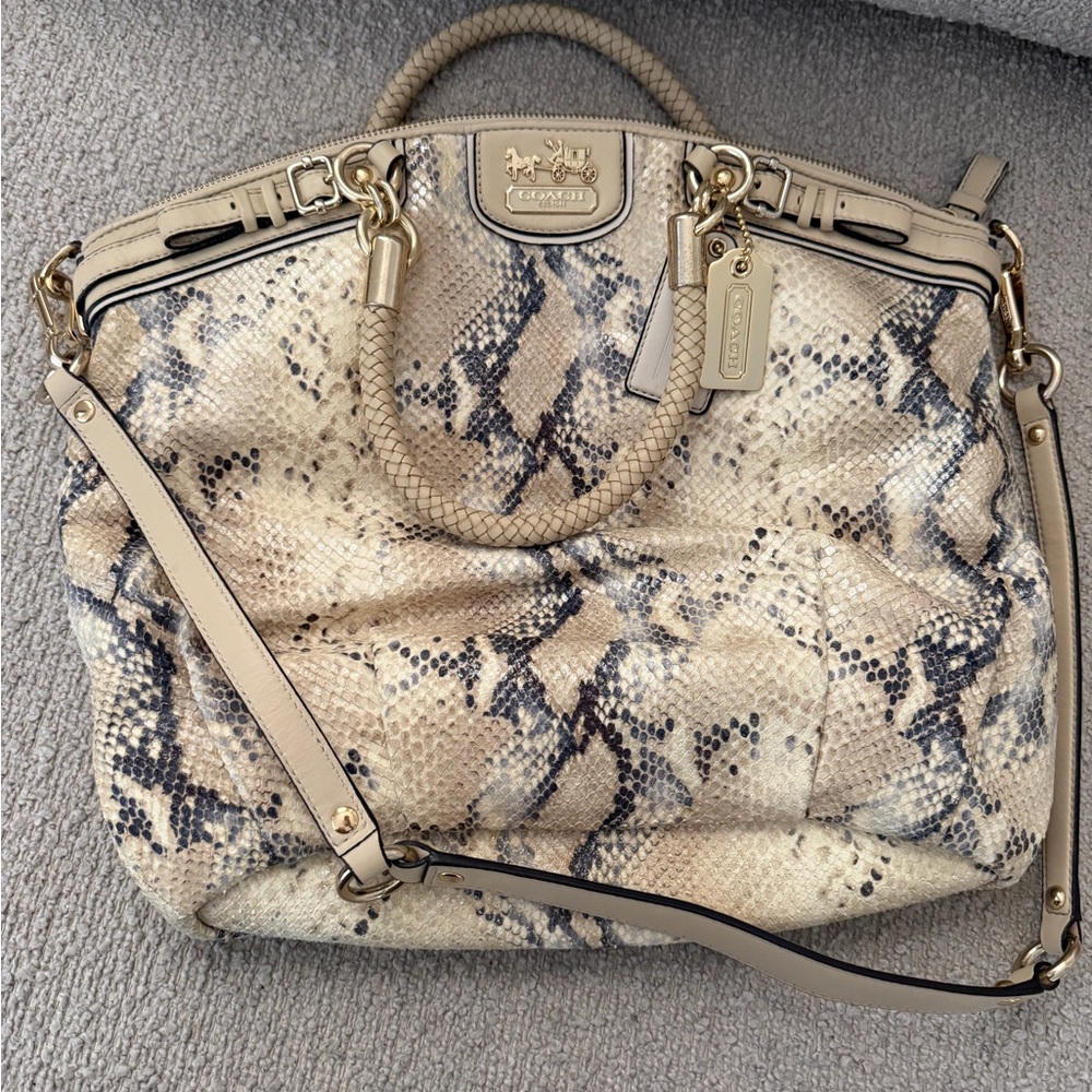 Coach Snakeskin Print Shoulder Bag in Beige and Black